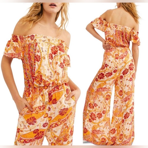 Free People|Carmen Jumpsuit,Boho floral wide leg jumpsuit-off the shoulders••• - Picture 6 of 15